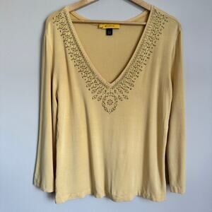St John Yellow V-Neck Top Embellished Beaded Party Holiday Glam Art Deco